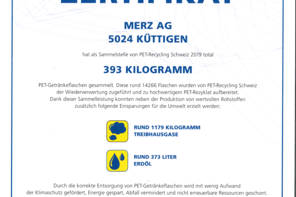 mwelt Zertifikat PET-Recycling Schweiz 2019