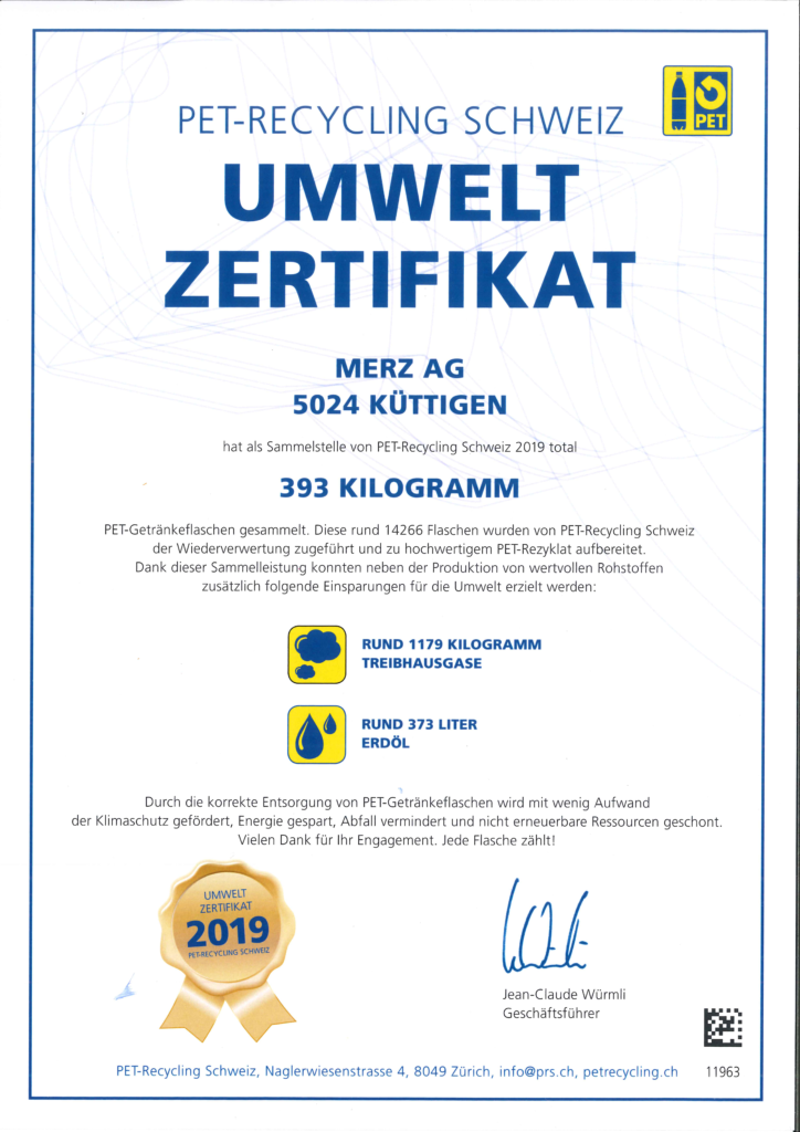 mwelt Zertifikat PET-Recycling Schweiz 2019